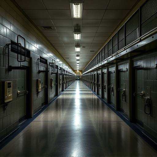 A high-security prison wing at FCI Oakdale, showing cell blocks and walkways