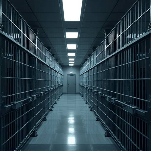 A realistic prison cell block with multiple cells visible in a modern facility at the Metropolitan Detention Center, Los Angeles