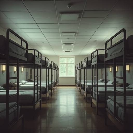 Inside a dormitory-style housing unit with multiple beds arranged in rows
