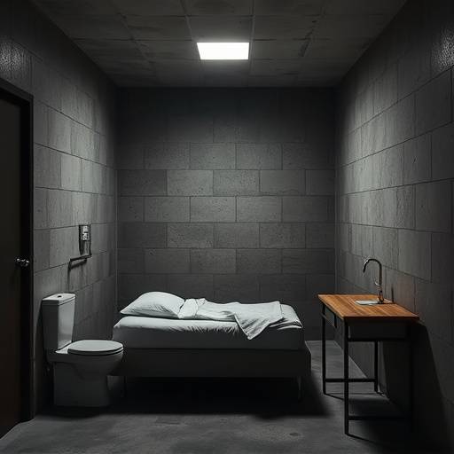 Interior of a standard ADX Florence cell, showing a concrete bed, toilet, and small desk